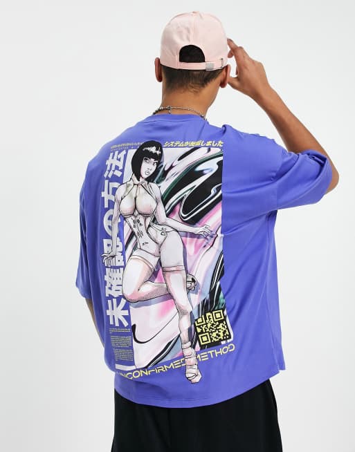 ASOS DESIGN – Jaskrawofioletowy T-shirt oversize z nadrukiem anime z przodu i na plecach