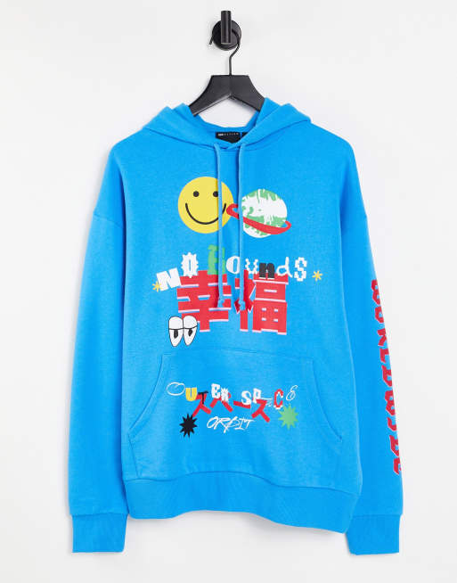 ASOS DESIGN – Jaskrawoniebieska bluza oversize z kapturem i kreskówkowymi nadrukami