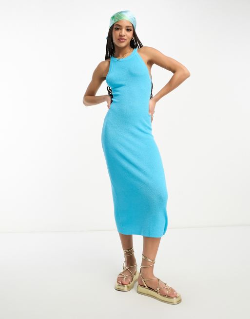 ASOS DESIGN – Jaskrawoniebieska dzianinowa sukienka maxi z dekoltem halter z fakturowanej przędzy