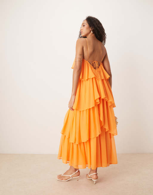 ASOS DESIGN – Jaskrawopomarańczowa kaskadowa sukienka maxi na ramiączkach, 2 z 4