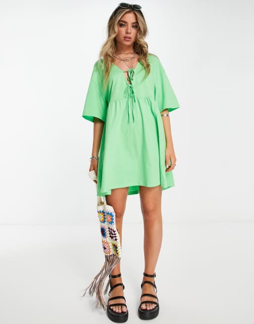ASOS DESIGN – Jaskrawozielona luźna sukienka mini z podwójnym wiązaniem
