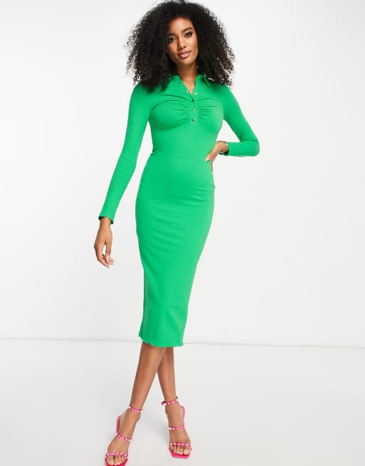ASOS DESIGN – Jaskrawozielona prążkowana sukienka midi z zapięciem na zatrzaski 