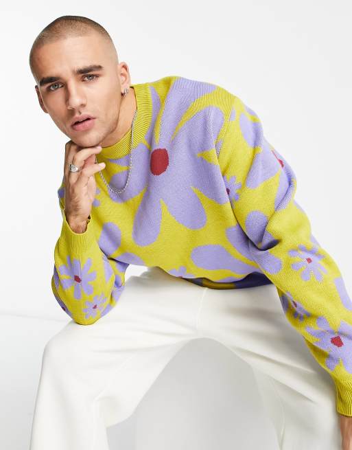 ASOS DESIGN – Jaskrawozielony dzianinowy sweter oversize w kwiatowy wzór 