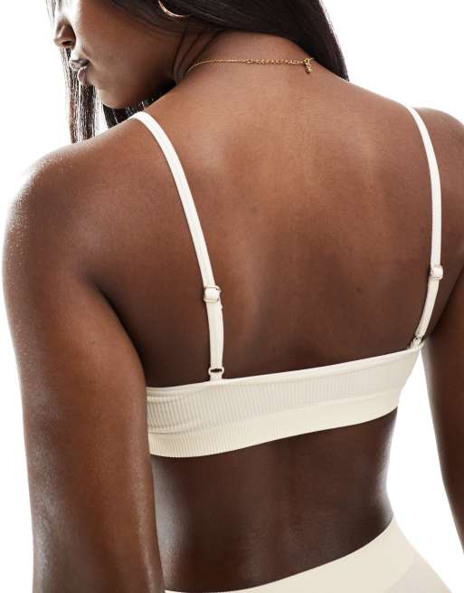 ASOS DESIGN Jasmine ribbed bralet and briefs set with lace trim in cream, 3 of 4