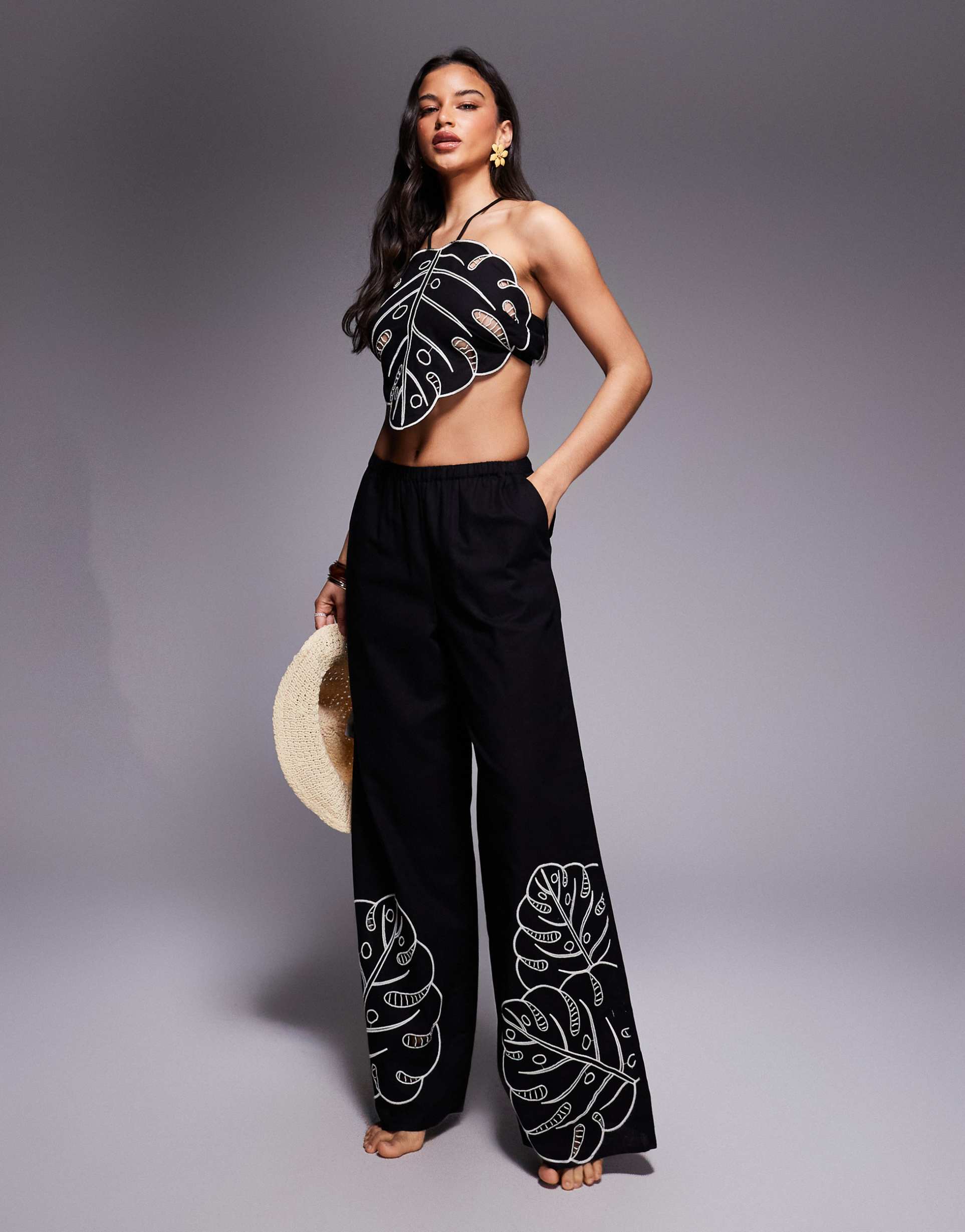 asos design jasmine tropical cut out beach pants in black