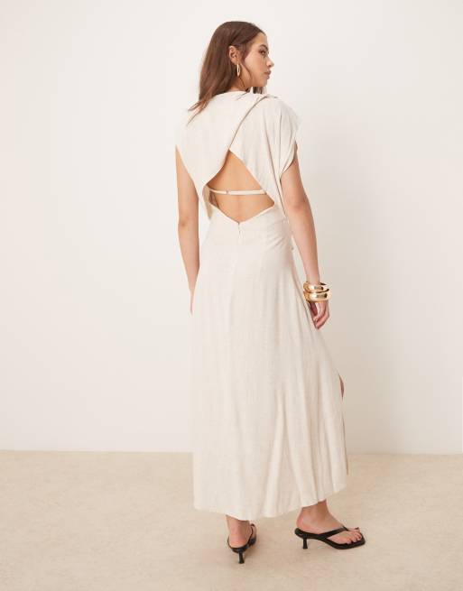 ASOS DESIGN – Jasnobeżowa, drapowana w talii sukienka midi z odkrytymi plecami, z domieszką lnu, 4 z 4