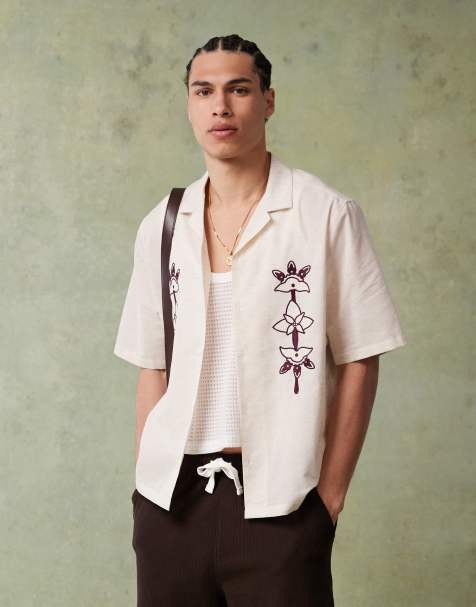 ASOS DESIGN boxy oversized shirt with embroidery in stone