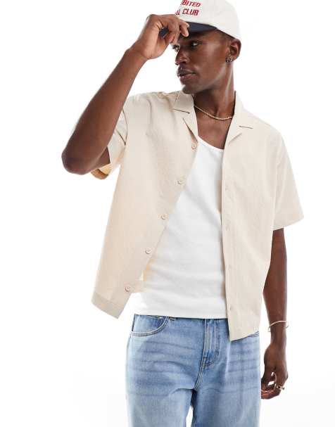 ASOS DESIGN boxy revere seersucker shirt in stone