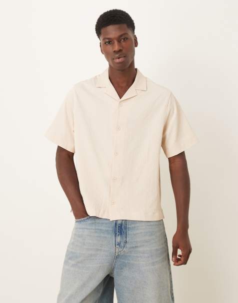 ASOS DESIGN boxy revere seersucker shirt in stone