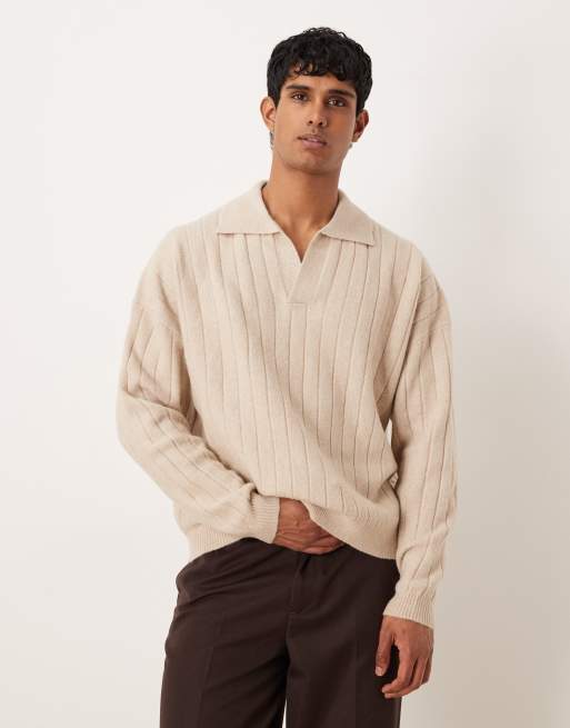 ASOS DESIGN – Jasnobeżowa koszulka polo oversize z prążkowanej dzianiny z długimi rękawami i wycięciem przy dekolcie 