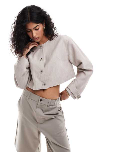 ASOS DESIGN – Jasnobeżowa kurtka z imitacji lnu o krótkim fasonie bez kołnierzyka - view 1