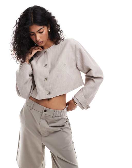 ASOS DESIGN – Jasnobeżowa kurtka z imitacji lnu o krótkim fasonie bez kołnierzyka