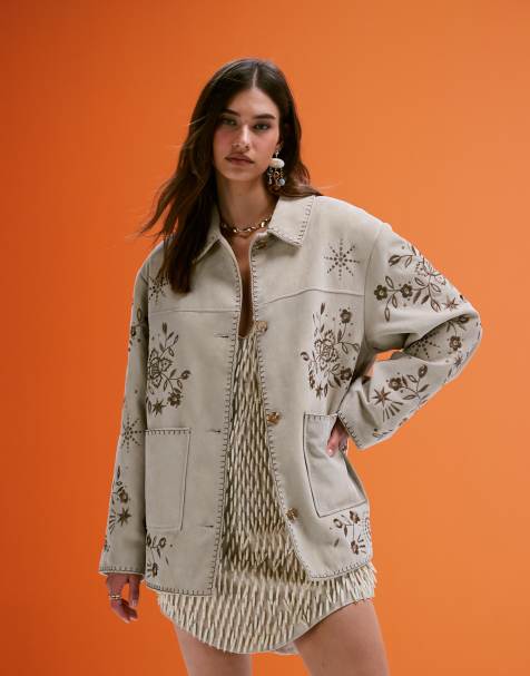 ASOS DESIGN real suede embroidered jacket in stone