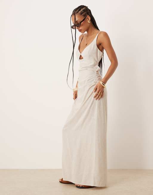 ASOS DESIGN – Jasnobeżowa letnia lniana sukienka maxi z wycięciem o fasonie braletki