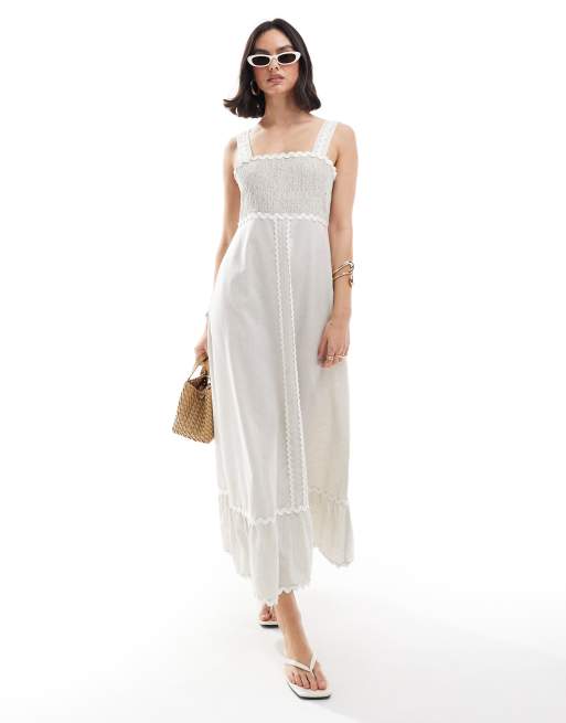ASOS DESIGN – Jasnobeżowa, lnianopodobna sukienka letnia midi z kontrastowym wykończeniem w zygzak