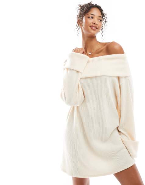 ASOS DESIGN – Jasnobeżowa prążkowana sukienka mini z wywiniętym dekoltem bardot - view 1