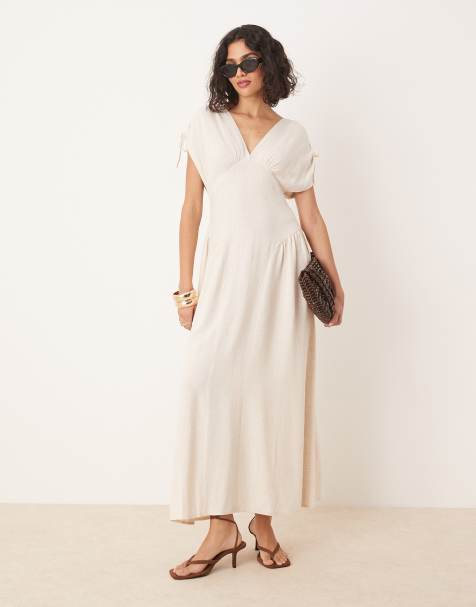 ASOS DESIGN ruched shoulder drop waist midi dress in linen oat