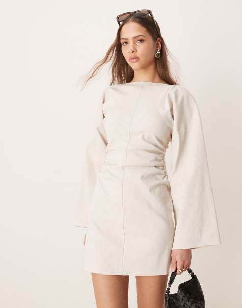 ASOS DESIGN linen look bengaline flared sleeve open back mini dress in oatmeal