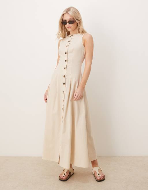 ASOS DESIGN – Jasnobeżowa zapinana na guziki sukienka maxi z górą o fasonie kamizelki z prostym dekoltem
