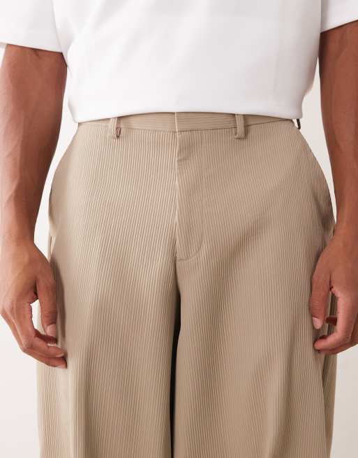 ASOS DESIGN – Jasnobeżowe dopasowane prążkowane spodnie z baryłkowymi nogawkami, 5 z 5