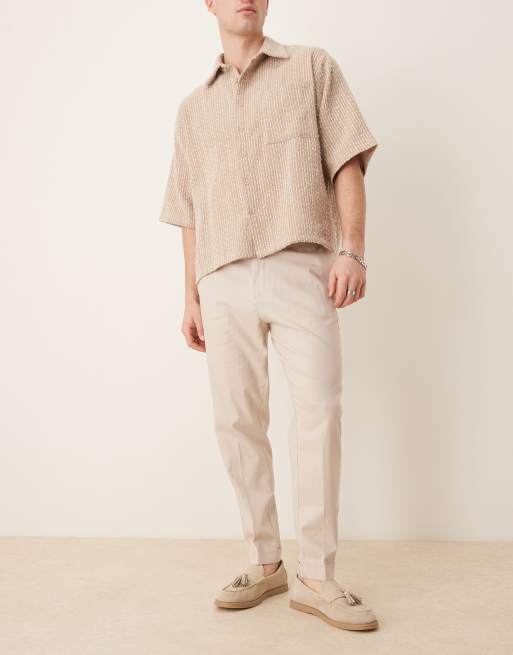 ASOS DESIGN – Jasnobeżowe eleganckie spodnie o zwężanym kroju z mieszanki lnu z wywijanymi nogawkami