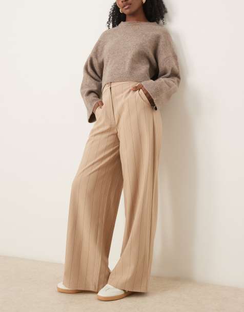 ASOS DESIGN tailored relaxed straight leg trousers in taupe stripe 