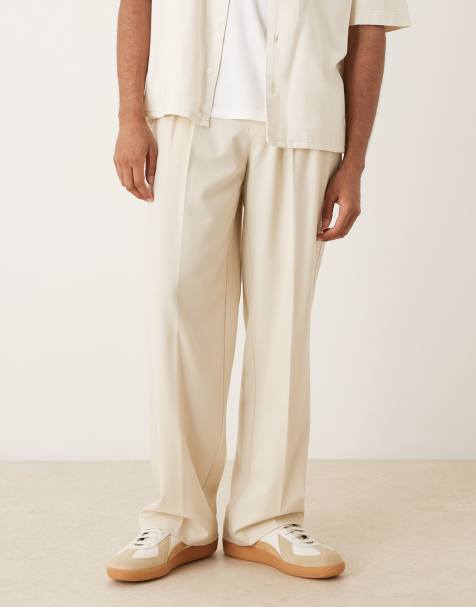 ASOS DESIGN smart pleated wide leg trousers in light stone twill