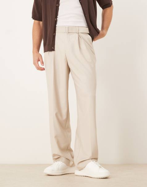 ASOS DESIGN smart wide leg belted trousers with front pleat in stone