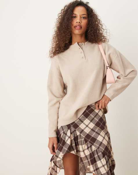 ASOS DESIGN – Jasnobeżowy bardzo miękki szczotkowany top henley o fasonie oversize - view 1