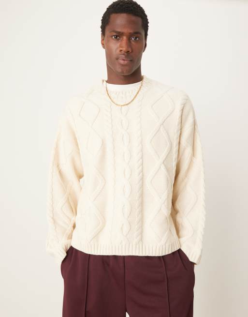 ASOS DESIGN – Jasnobeżowy gruby sweter oversize z okrągłym dekoltem z dzianiny z domieszką wełny o warkoczowym splocie