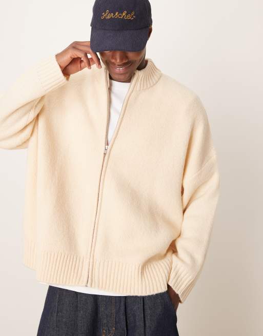 ASOS DESIGN – Jasnobeżowy kardigan o pudełkowym fasonie super oversize ze szczotkowanej dzianiny zapinany na zamek