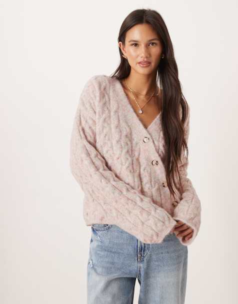 ASOS DESIGN cable knit cardigan with asymmetric placket in oatmeal