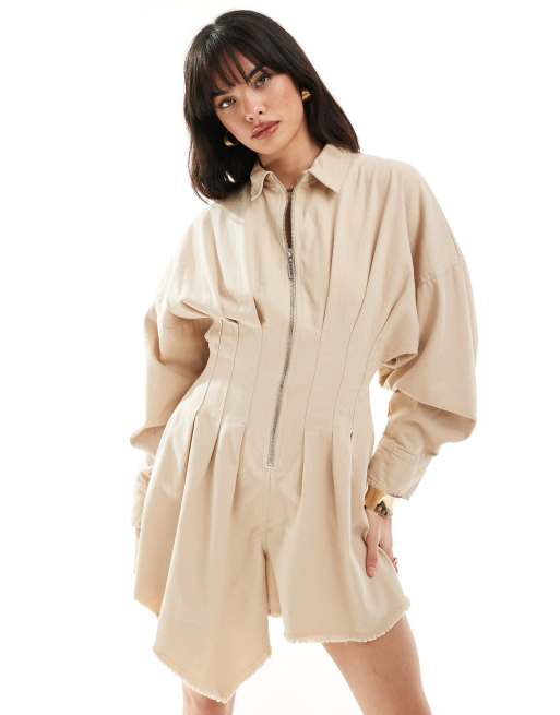 ASOS DESIGN – Jasnobeżowy, krótki kombinezon koszulowy ze zwężaną talią i obszernymi rękawami z wąskimi mankietami