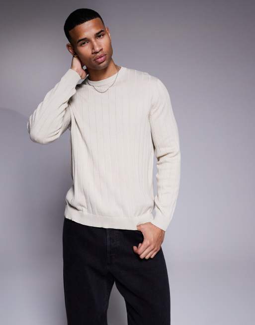 ASOS DESIGN – Jasnobeżowy luźny sweter dzianinowy o szerokich prążkach