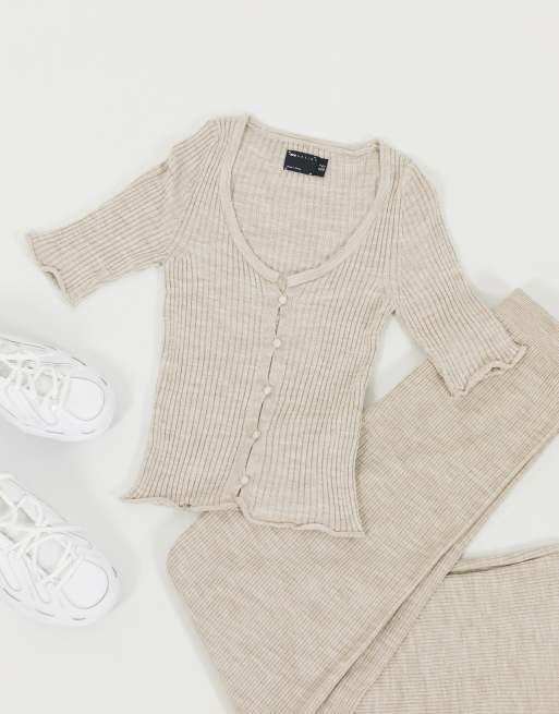 ASOS DESIGN – Jasnobeżowy prążkowany kardigan z krótkim rękawem – część zestawu