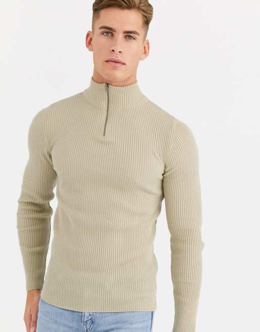ASOS DESIGN – Jasnobeżowy prążkowany sweter o kroju podkreślającym sylwetkę z zamkiem pod szyją
