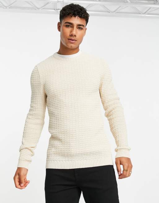 ASOS DESIGN – Jasnobeżowy sweter o kroju podkreślającym sylwetkę z dzianiny o waflowej fakturze