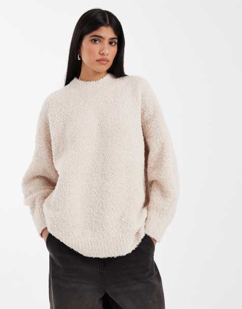 ASOS DESIGN oversized boucle jumper with curved hem in oatmeal