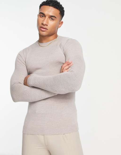 ASOS DESIGN – Jasnobeżowy sweter z wełny merino premium o kroju podkreślającym sylwetkę