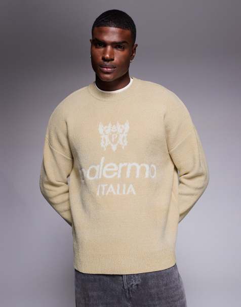 ASOS DESIGN oversized knitted chenille jumper with Palermo graphic in stone