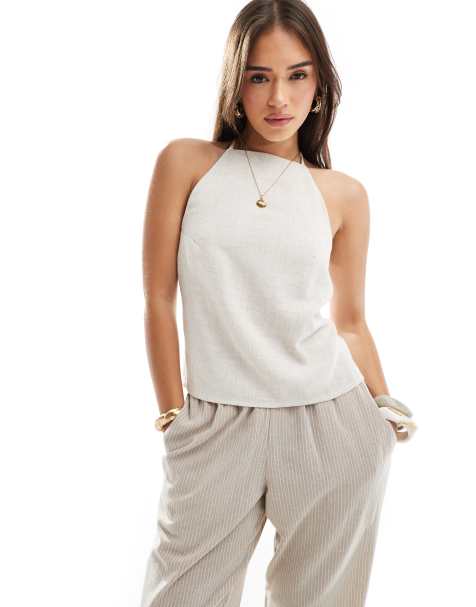 ASOS DESIGN linen look open back cami top in oatmeal