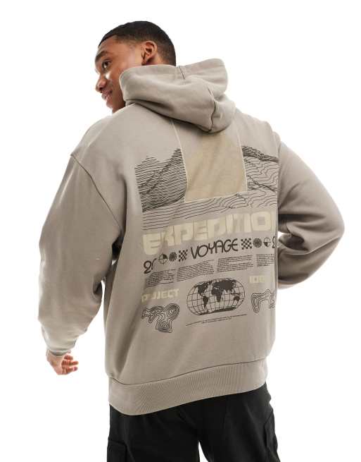 ASOS DESIGN – Jasnobrązowa bluza oversize z kapturem i nadrukiem z motywem outdoor na plecach
