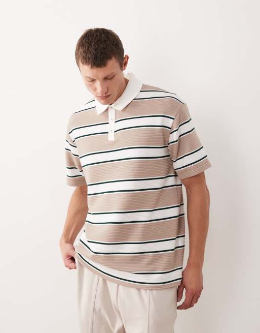 ASOS DESIGN – Jasnobrązowa koszulka polo oversize z bardzo grubego materiału w paski z grafiką tekstową