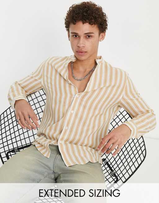 ASOS DESIGN – Jasnobrązowa lniana koszula w stylu roboczym ze stójką we wzór w paski