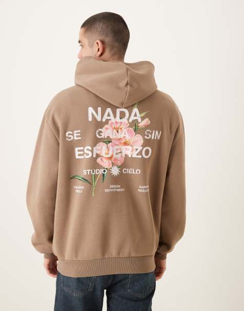 ASOS DESIGN – Jasnobrązowa luźna bluza z kapturem o pudełkowym kroju z kwiatowym motywem - view 1