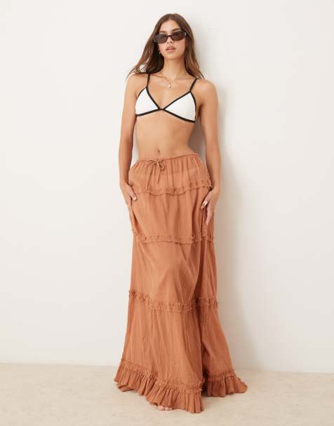 ASOS DESIGN crinkle ruffle maxi beach skirt in tobacco brown