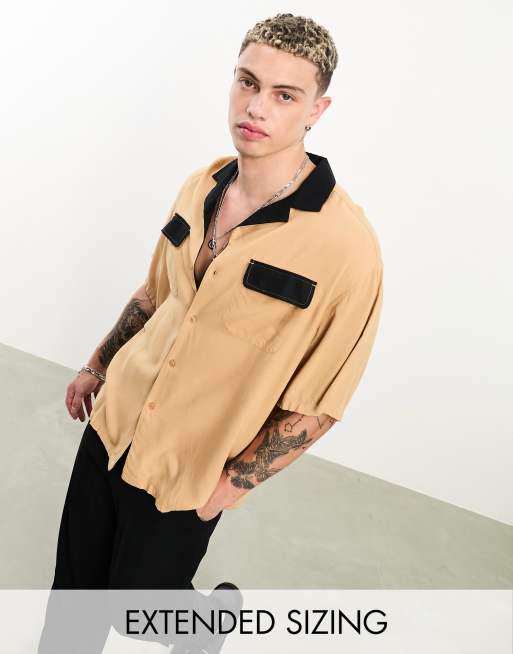 ASOS DESIGN – Jasnobrązowa pudełkowa koszula oversize z kołnierzykiem kubańskim i kontrastowym kołnierzykiem i kieszeniami