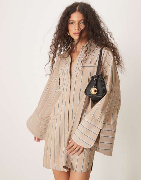 ASOS DESIGN mini shirt dress with wide cuffs and oversized pockets in tan stripe
