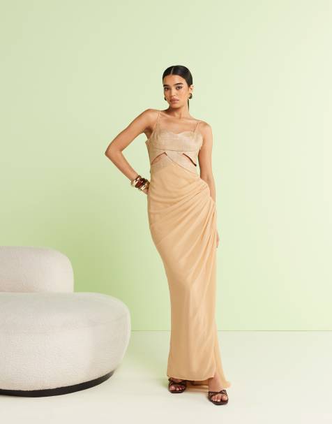 ASOS DESIGN – Jasnobrązowa sukienka maxi z plecioną górą i drapowaną szyfonową spódnicą - view 1