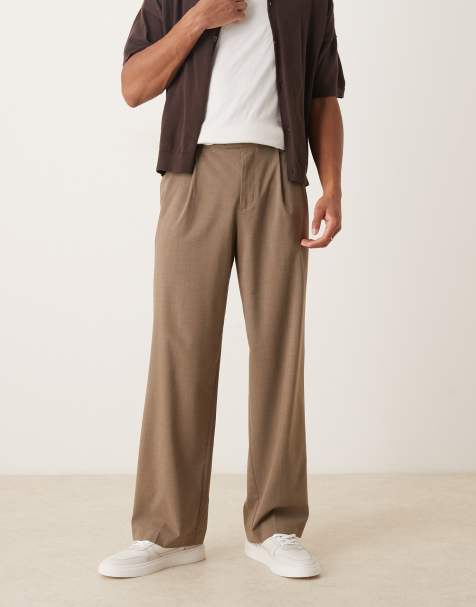 ASOS DESIGN smart wide leg trousers with front pleats in light brown
